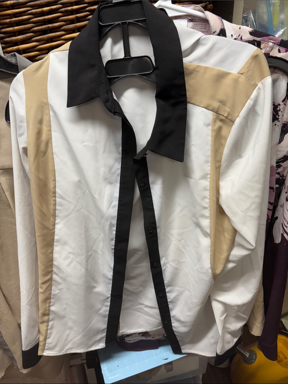 Calvin Klein White Button-Down Shirt with Black Collar & Tan Panels
